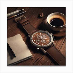 Brown Watch On A Dark Brown Wooden Table With A Canvas Print