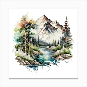 Watercolor Of Mountains And River 2 Canvas Print