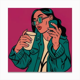 Cool girl calling and drink coffe, Pop Illustration Canvas Print