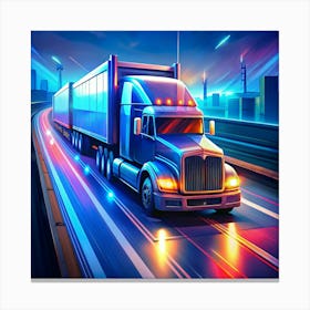 Semi Truck Driving On A Highway At Night 1 Canvas Print