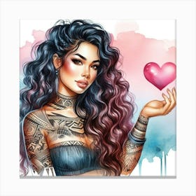 Tropical Tattooed Girl Holding Heart Canvas Print