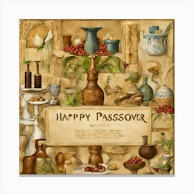 Happy Passover- passover, seder plate, pottery, rustic, herbs, celebration, jewish holiday, traditional, wine bottles, matzo Canvas Print