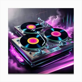 A Highly Detailed, Ultra High Resolution Illustration Of Two Vintage Turntables Spinning Vinyl Records, Blasting Vibrant, Neon Lit 80 S Music, Set Against A Moody, Smoky Background With Subtle Gradient Effects 1 Canvas Print