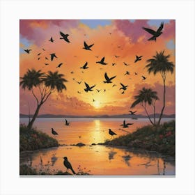 Sunset With Birds Art Print 3 Canvas Print