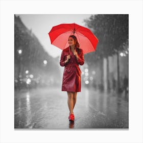 Woman In Red Coat Walking In Rain Canvas Print