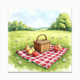 An English Countryside Picnic With A Checkered Blanket And Basket, Watercolor Canvas Print