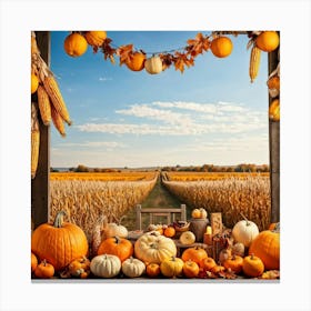 Autumnal Harvest Scene Capturing A Gourd Squash And Pumpkin Amongst A Field Of Corn Under A Cornfl (7) Canvas Print