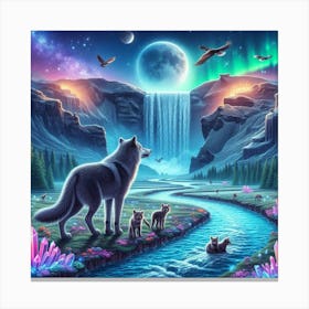 Wolf Family by Crystal Waterfall Under Full Moon and Aurora Borealis 5 Canvas Print