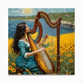 A woman plays a harp in a field Canvas Print