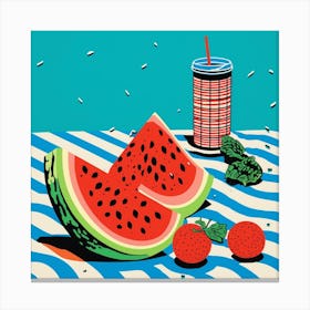 Watermelon Wavy Blue Lines Canvas Print