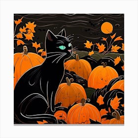 Black Cat In Pumpkin Patch Canvas Print