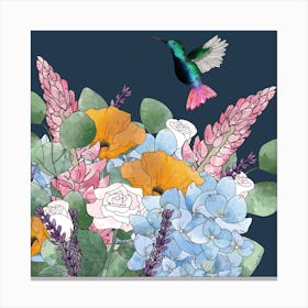 Humming Bird With Flowers Square Canvas Print
