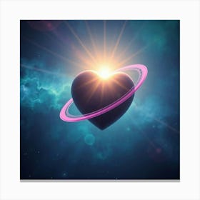 Unusual Fine Art Photograph Surreal Cosmic Scene, Heart Shaped Planet With Pink, Purple, Gold Rings, Bright Lens Flare, Light Streaks, Vibrant Colors, Soft Contrast, Soft Saturation, Blues, Greens, Purples Canvas Print