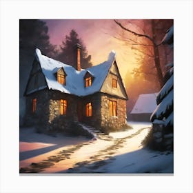 Stone Cottage in Snowy Conifer Forest Canvas Print