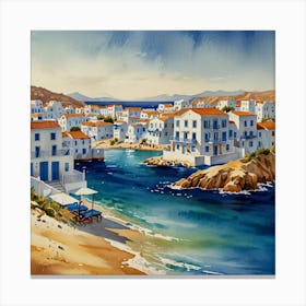 Mykonos Town.Summer on a Greek island. Sea. Sand beach. White houses. Blue roofs. The beauty of the place. Watercolor. Canvas Print