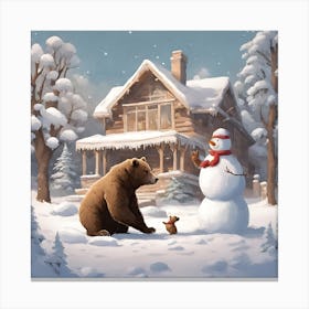 Bear And Snowman Canvas Print