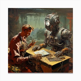Robot working with human Canvas Print