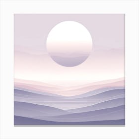 Title: "Lavender Dusk: The Serenity of the Waning Day"  Description: "Lavender Dusk" is a minimalist depiction of a tranquil landscape bathed in the soft glow of the setting sun. The piece is composed of layered hills that create a rhythmic pattern, leading the eye to the luminous full moon or sun that dominates the canvas with its peaceful presence. The pastel color palette, featuring shades of lavender, pink, and subtle blues, exudes calm and reflects the quiet beauty of twilight. This artwork's simplicity and the harmony of its colors convey a sense of stillness and contemplation, making it a soothing addition to any space that seeks to capture the reflective mood of dusk's gentle descent. Canvas Print