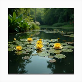 A Tranquil Pond With Blooming Yellow Water Lilies And Lush Green Foliage 4 Canvas Print