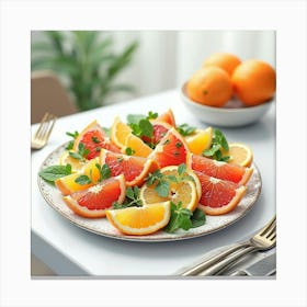 Watercolor Depiction Of A Fresh And Tangy Citrus Salad On A Modern Dining Table Canvas Print