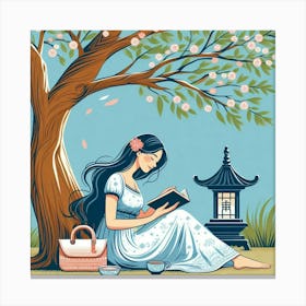 Asian Girl Reading, Vector Style Canvas Print