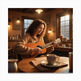 Young Woman Playing Guitar In A Cafe Canvas Print