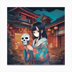 Japanese Girl Holding Skull Canvas Print