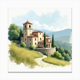 Watercolor Scene Of A Serene Spanish Monastery Nestled In Nature Canvas Print