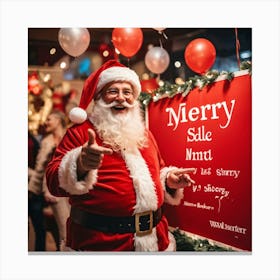 A Festive Christmas Scene With A Cheerful Man Dressed As Santa Claus Holding A Sign Fingers Pointin (2) Canvas Print