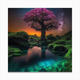 colossal, twisted tree, adorned with vibrant bioluminescent flowers Canvas Print