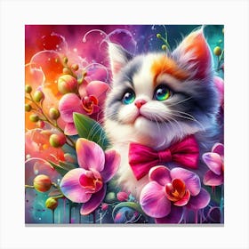 Cat With Orchids 1 Canvas Print