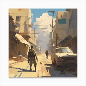 Soldier Walking Down A Street Canvas Print