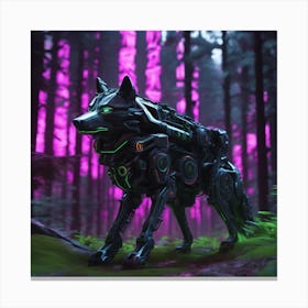Wolf In Forrest Neon Ambiance Abstract Black Oil Gear Mecha Detailed Acrylic Grunge Intricate Canvas Print