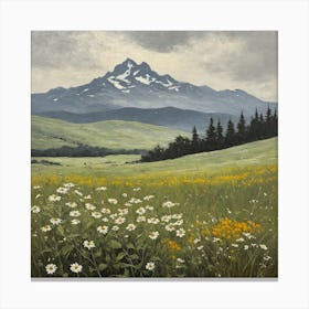 Vintage Oil Painting of Wild Flowers in a Meadow, Mountains in the Background 19 Canvas Print