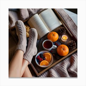 Woman Reads A Book In Bed Canvas Print