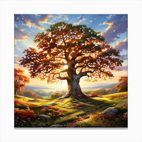 Majestic Oak Tree With Sprawling Branches Located In The Center Of A Serene Meadow Sunlight Filter 445022442 (3) Canvas Print