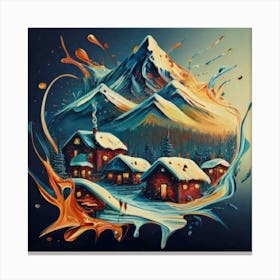 Abstract painting of a mountain village with snow falling 12 Canvas Print