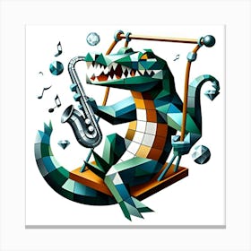 A Swinging Crocodile With A Diamond Saxophone, Inspired By The Cubist Collages Of Georges Braque 1 Canvas Print