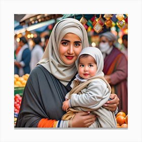 Muslim Woman Holding Baby In Market Canvas Print