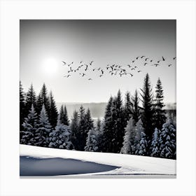 Winter Landscape With Birds 6 Canvas Print