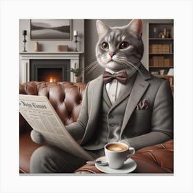 The Sophisticated Cat: A Detailed Drawing of a Cat with a Newspaper and a Coffee Canvas Print
