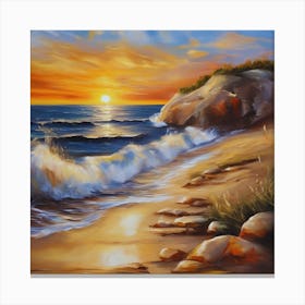 The sea. Beach waves. Beach sand and rocks. Sunset over the sea. Oil on canvas artwork.18 Canvas Print