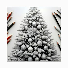 A Pencil Drawing Of A White Christmas Tree With Different Colorful Ornaments Decorated With 3 Canvas Print