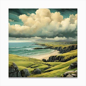 Stormy And Rainy Ireland Retro Landscape Beach And Co 2 Canvas Print