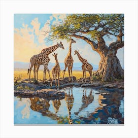 Herd Of Giraffes Looking At Their Reflection Canvas Print