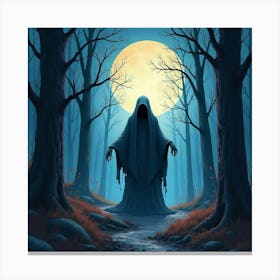 Horror Specter In Moonlit Forest, Watercolor, Chilling Colors 1 Canvas Print