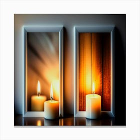 Two candles are lit next to a mirror with a wooden frame that says candle Canvas Print