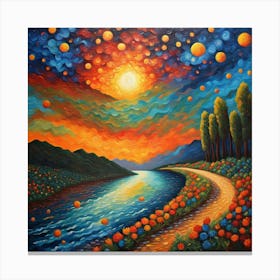 Sunset Over The River.Sunset Symphony: A Colorful Riverside Landscape Under a Swirling Sky Canvas Print