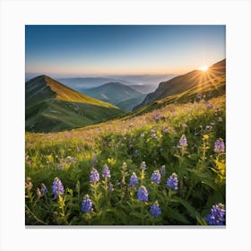 A Lush Green Mountain Filled With Blooming Wildflowers Basks In Warm Sunlight Under A Clear Blue Sky, Its Natural Beauty Portrayed Serenely 3 Canvas Print