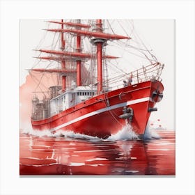 red boat in Red Water Art Watercolor Canvas Print